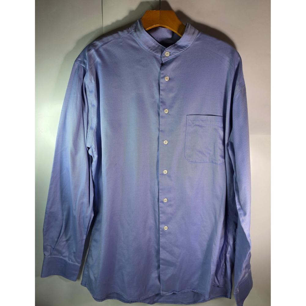 Pronto Uomo Fitted Banded Collar Dress Shirt Mens 16.5 34/35 Blue Stripe NonIron
